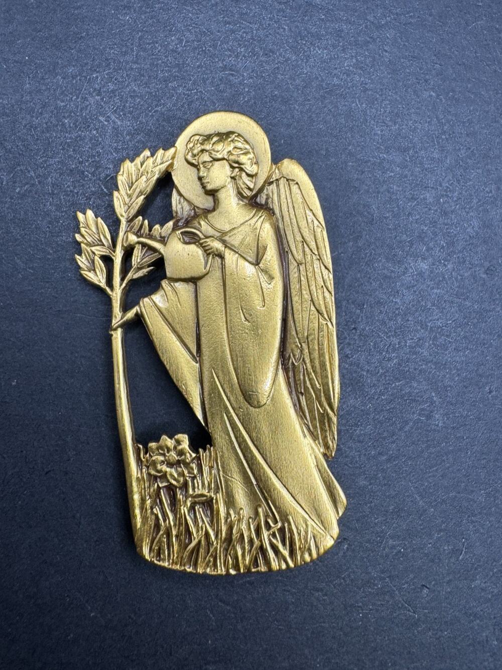 Vintage Signed Aa Gold Tone Garden Angel Catholic Brooch Pin 49mm